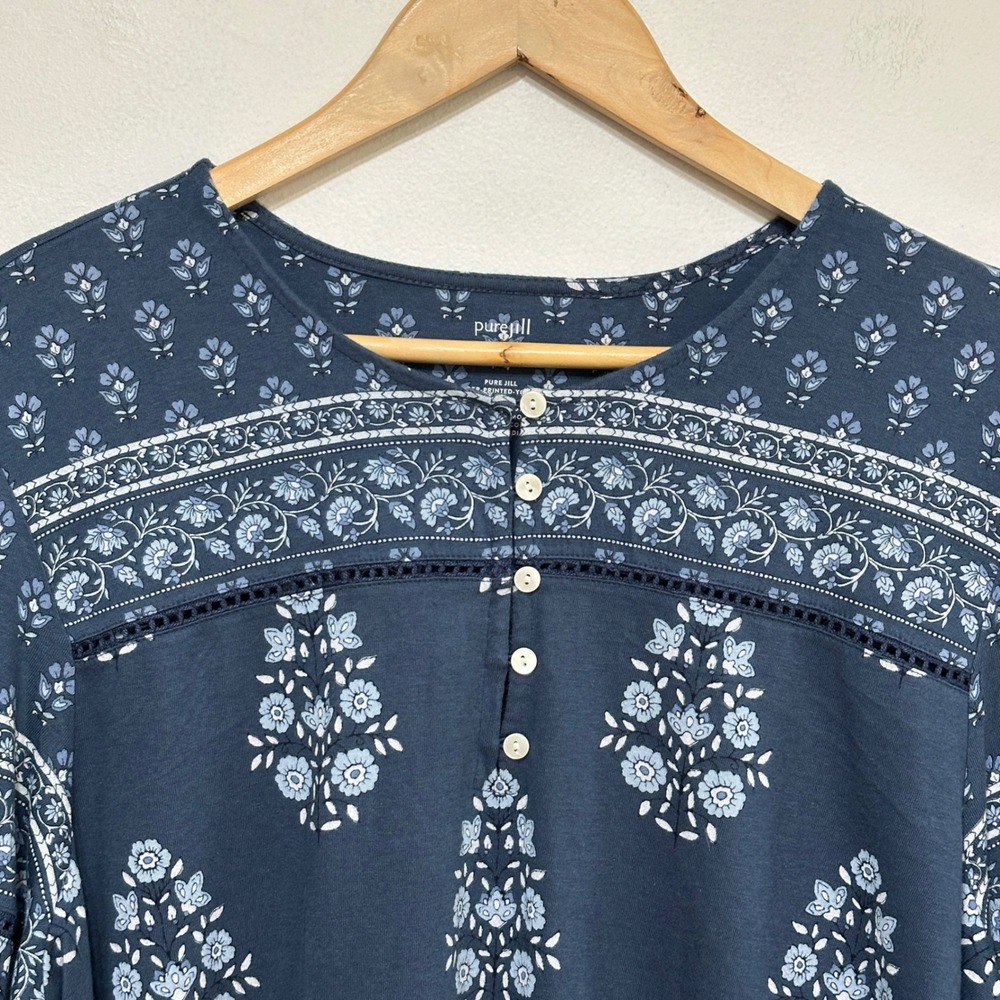 J. Jill Pure Jill Boho Peasant Blouse Women XL Tall Blue Floral Cotton Modal NEW - Picture 2 of 8